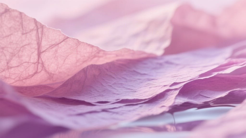 Abstract macro texture of handmade paper fibers with soft side light in blush pink and pale orchid tones, no objects, no