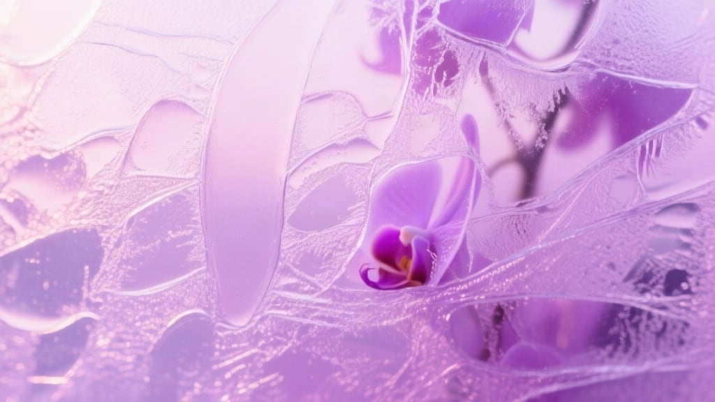 Abstract macro texture of frosted glass catching soft diffuse morning light in pale orchid and lilac tones, no objects, 