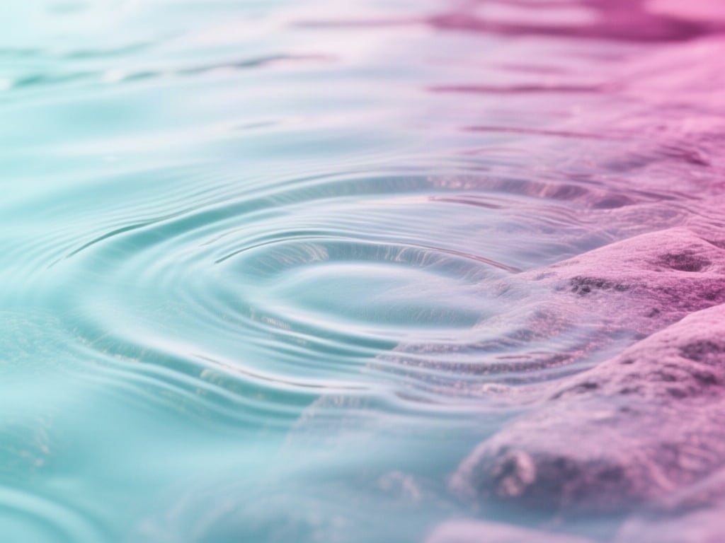 Abstract macro texture of still water with faint concentric ripples under soft daylight in pale teal and mint tones, no 
